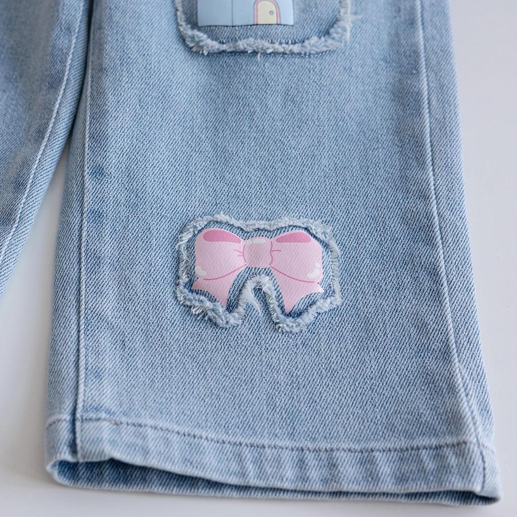 Mädchen Herbst Farbblock Bär Sweatshirt & Bestickte Weitbein-Jeans Set