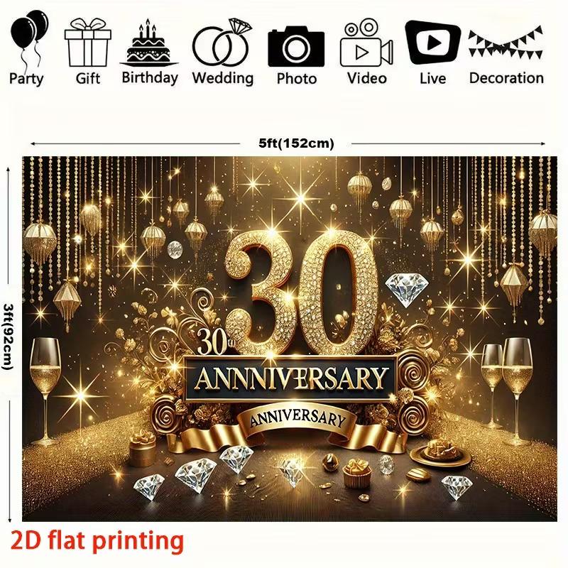 2D Elegant 30th Anniversary Backdrop, Gold & Black Diamond Celebration Banner