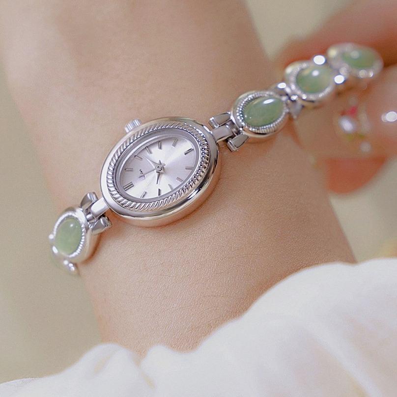Oval Quartz Waterproof Wristwatch for Women Jade Bracelet Watch