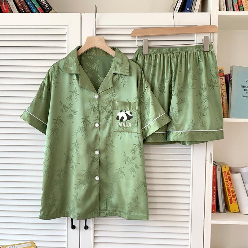 Summer High-End Panda Ice Silk Pajamas Women'S Short-Sleeved Thin Loungewear Suit Can Be Worn Outside