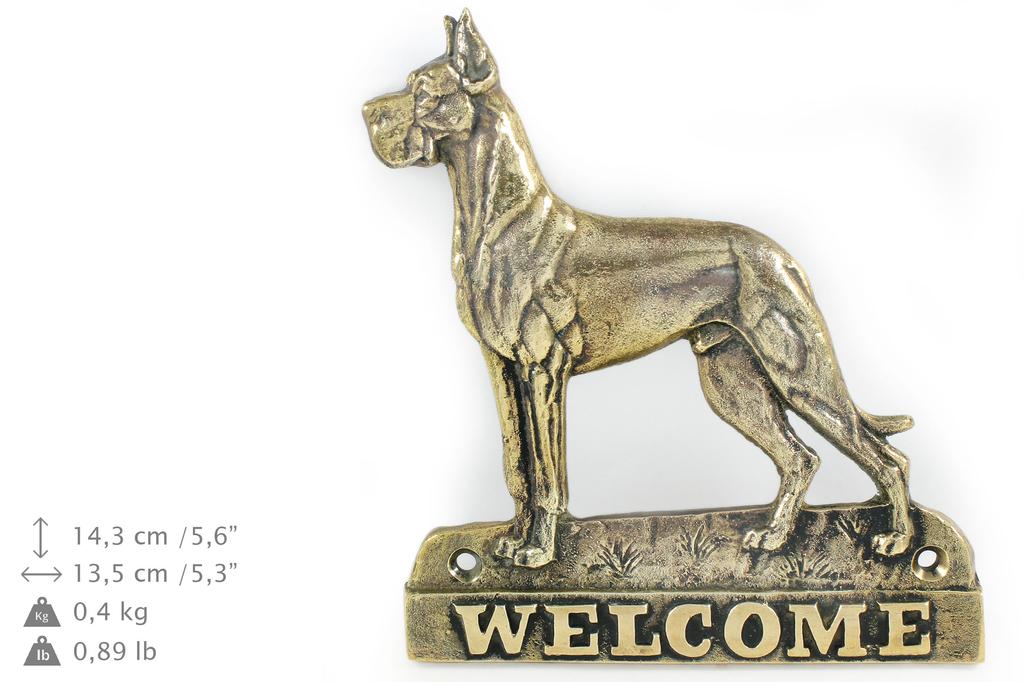 Dog Niemiecki I - Tabliczka Na Drzwi Z Psem, Mosiężna Plakietka Powitalna, Wyjątkowy Szyld Z Napisem Welcome Marki Art-Dog