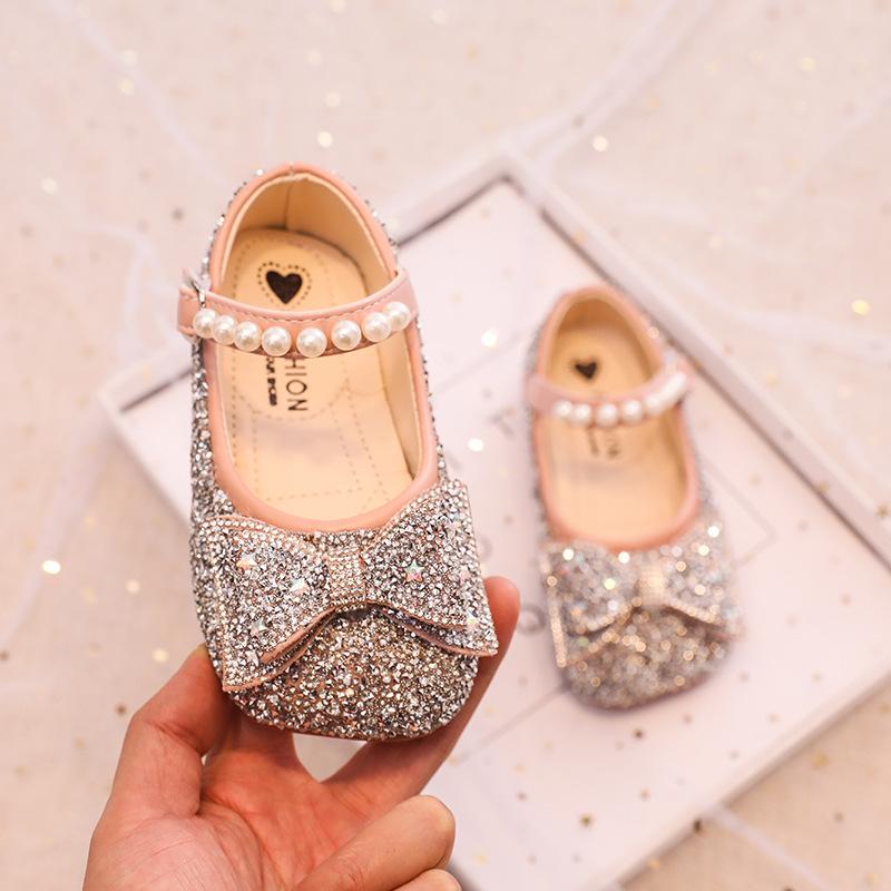

[Spring Korean Girls Bow Crystal Princess Shoes Soft Sole Pearl Dress Shoes for Little Girls] size 25 рожевий