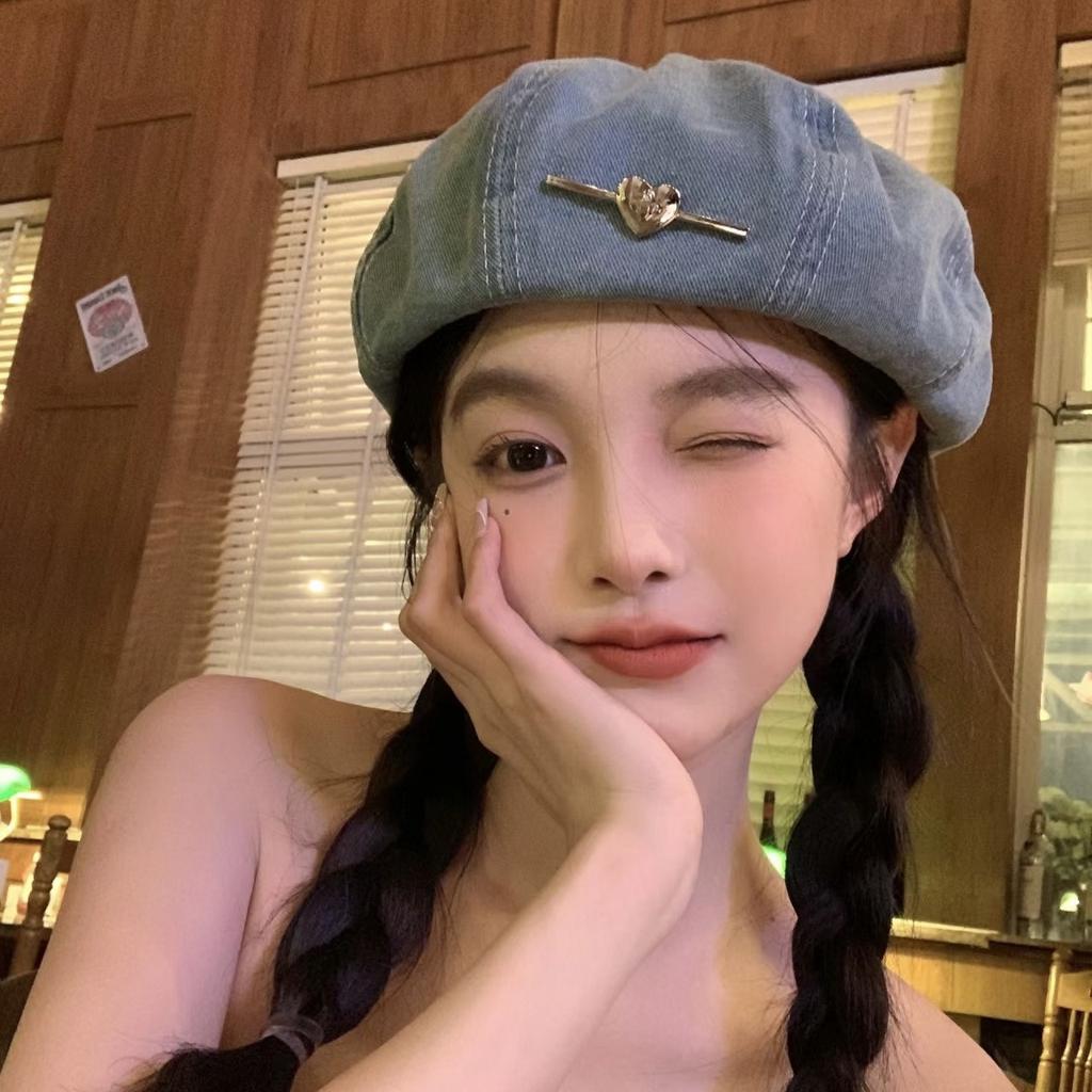 Japanese Fashion Washed Denim Beret Women'S Spring And Summer Big Head Circumference Retro Literary Painter Hat Showing Face Small Cloud Hat