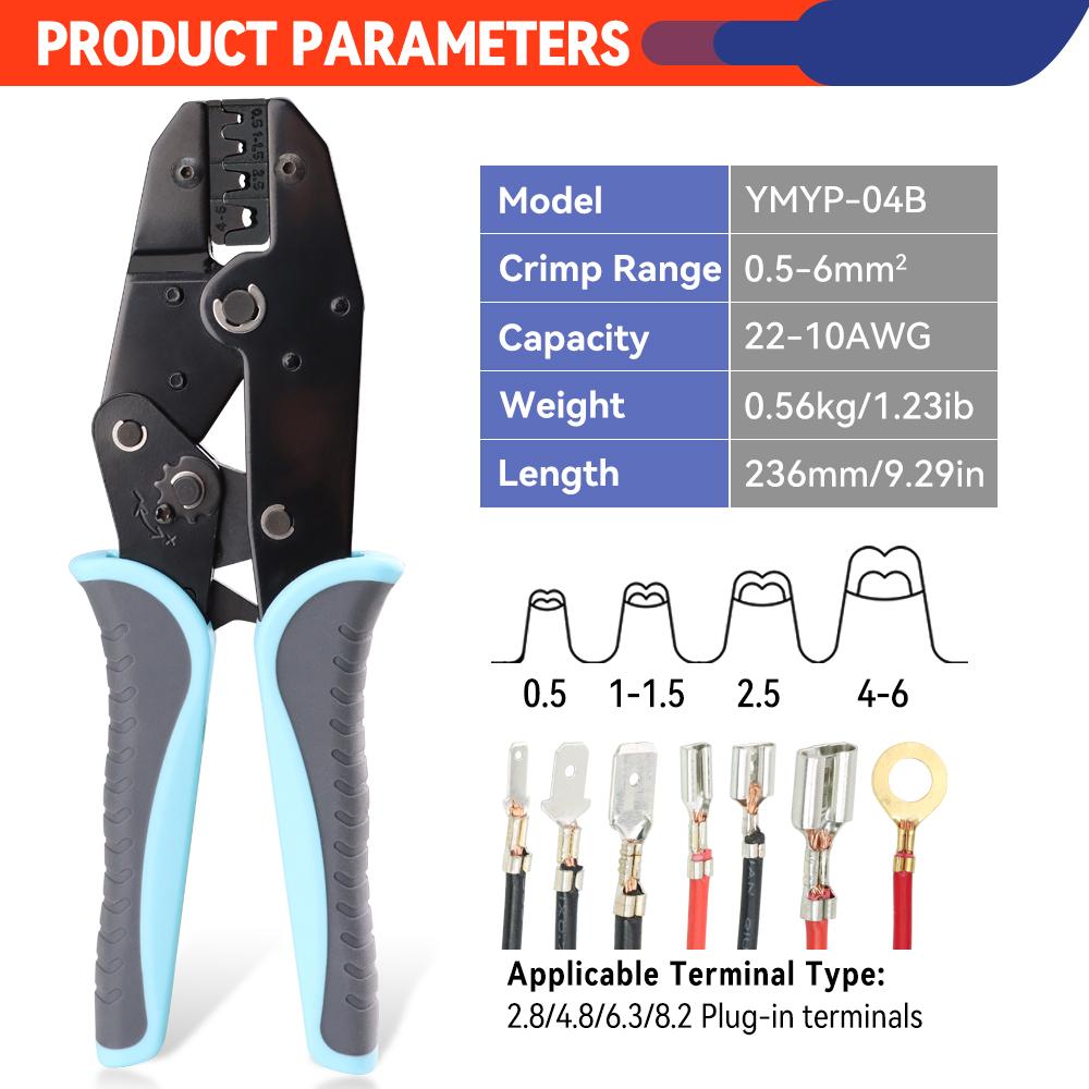 YF-04B Industrial Grade Auto Wiring Harness Crimping Pliers Soft Grip Handle Black Oxide Finish 0.5-6mm High Carbon Steel Tool YF-04B