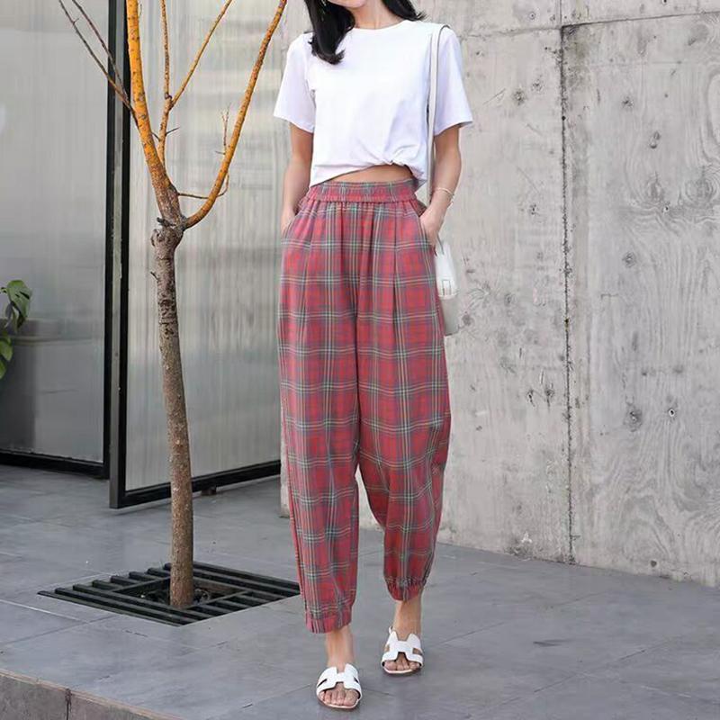 WTEMPO Plaid Pants Women Loose and Thin Elastic Waist Straight Casual Pants Size M-XXXXL