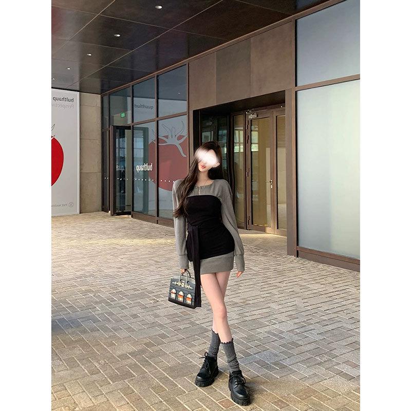 Chill Qiao'er Korean Style Model-Inspired Waist-Cinching Color Block Dress Set