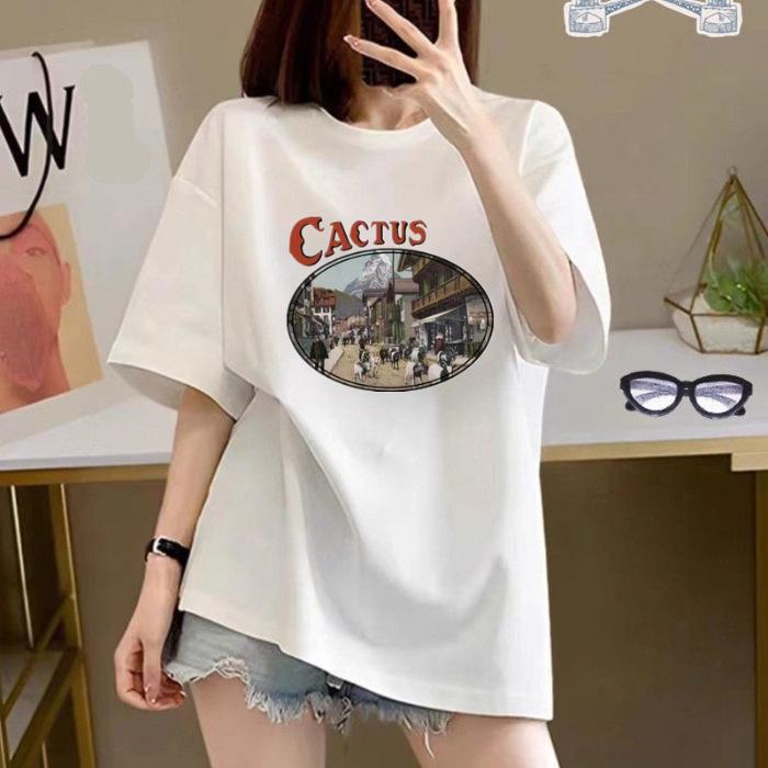 

Весенне-летняя высококачественная футболка из чистого хлопка с коротким рукавом и принтом, свободная, средней длины, с круглым вырезом, с открытыми плечами, топ + воротник с задним карманом S