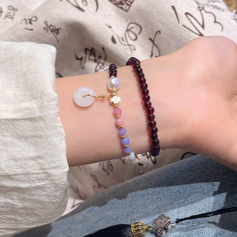 Retro Garnet Beaded Layered Bracelet Hand Chain - Women s Chinese Style Ping An Kou Niche High-End Accessory