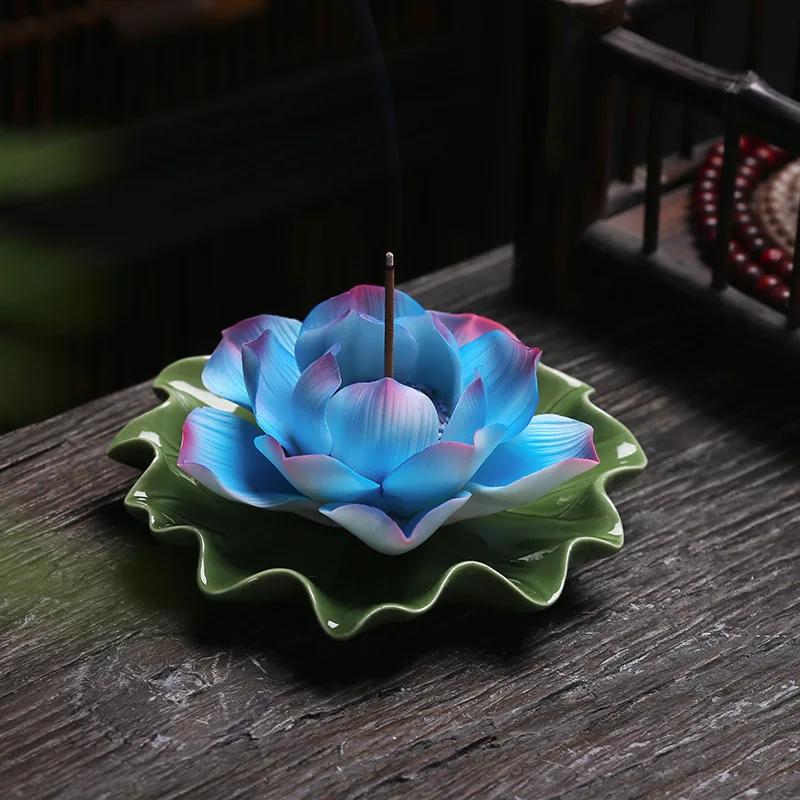Y Handmade Large Lotus Flower Incense Burner Multi-Color Line Incense Holder Tea Room Office Home Decoration Buddha Home Decor