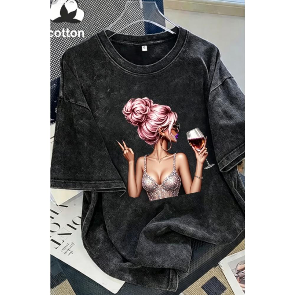 Stylish Wine Glass Girl Washed Black Tees Featuring Pink Silver and Brown Hair Prints Women women clothes S