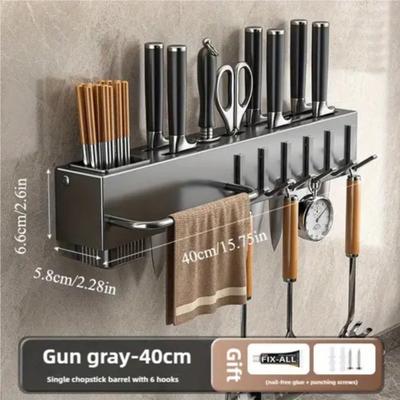 High-Quality Carbon Steel Kitchen Utensil Storage Rack, Wall-Mounted No-Drill Organizer, Easy and Sturdy Installation