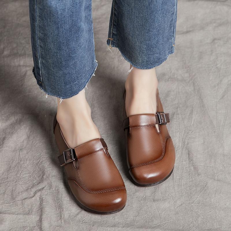 Johnature Round Toe Soft Soled Flat Shoes Casual Genuine Leather Loafers Versatile Women's Slip-on Shoes