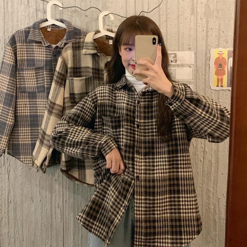 WTEMPO Autumn Winter Thickened Plush Plaid Shirts Women's Vintage Chic Loose Casual Warm Shirt Coats with Buttons
