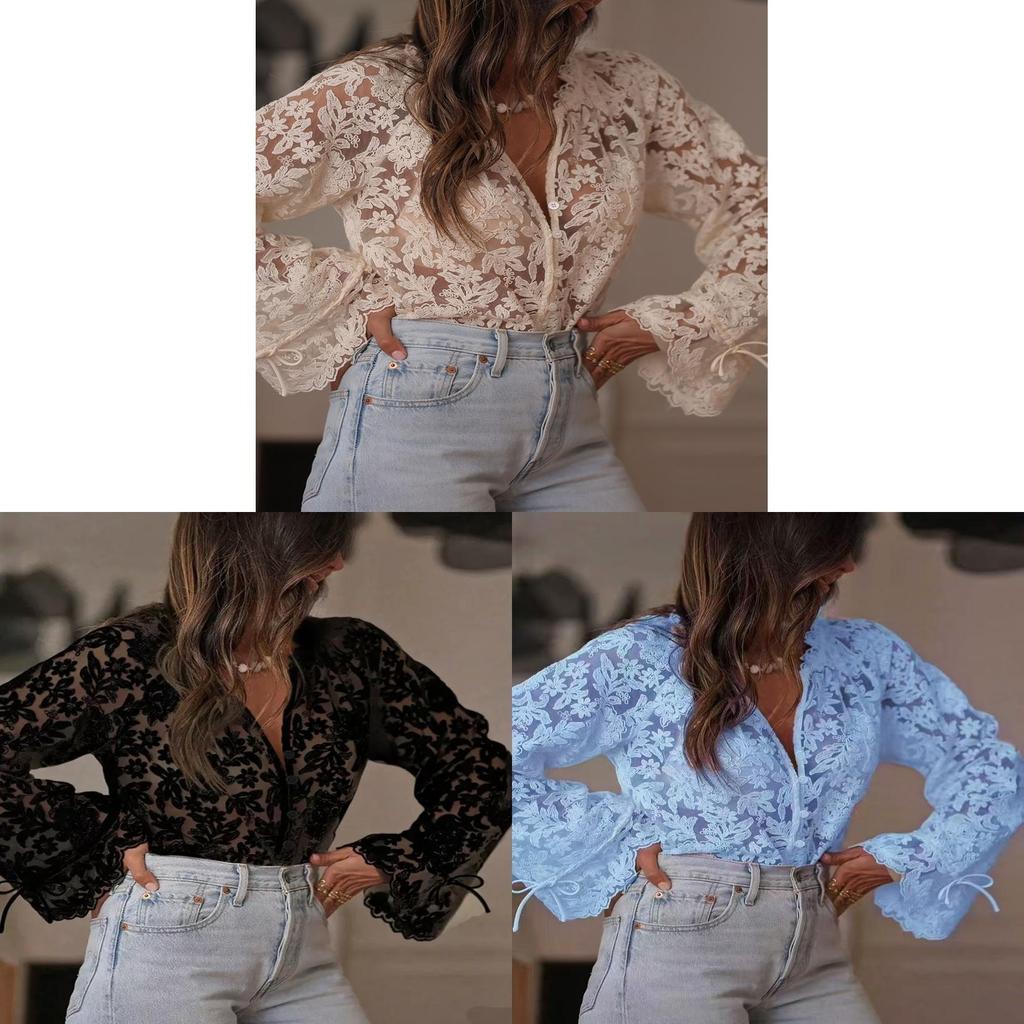 Summer Lace Shirt For Women With Long Sleeves And Round Neck In Pure Color For Street Style Fashion