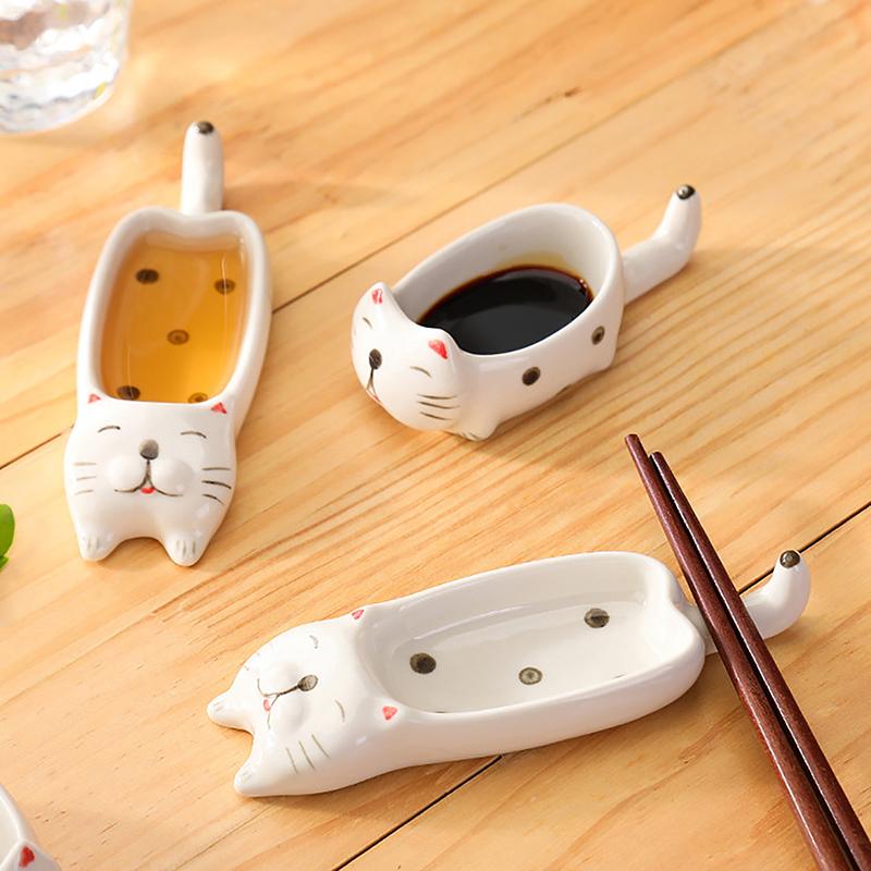 Cute Cat Ceramic Small Dish Mini Mustard Pesto Tomato Ketchup Soy Sauce Dish Seasoning Plates With Handle For Home Restaurant
