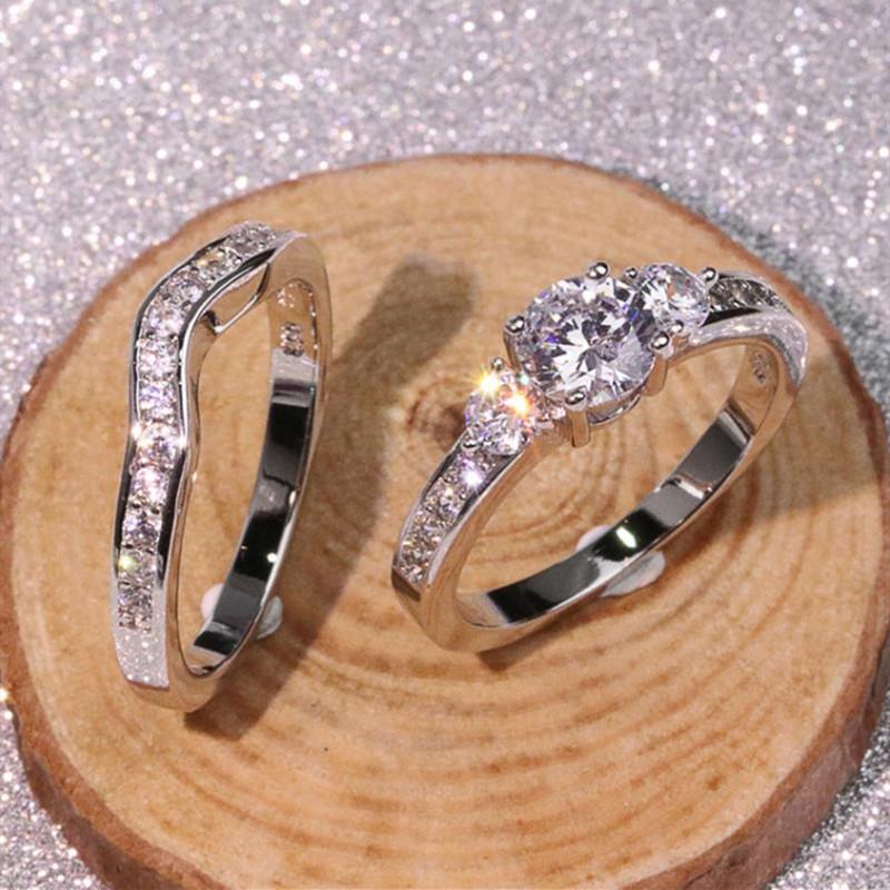 Gorgeous Silver Color Inlaid with White Stone Rings Set Round Party Engagement Wedding Rings for Women Jewelry