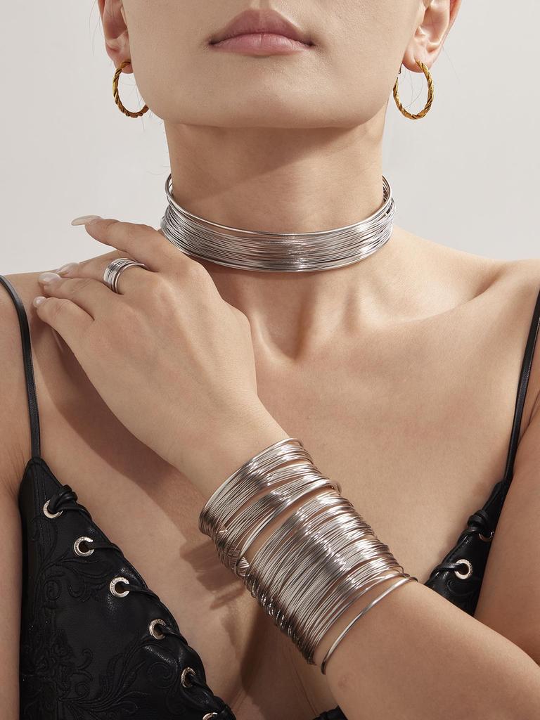 Oumaijia Edelstahl Drahtumwickter Choker & Offener Armreif - Europäischer & Amerikanischer Punk-Stil Schmuck