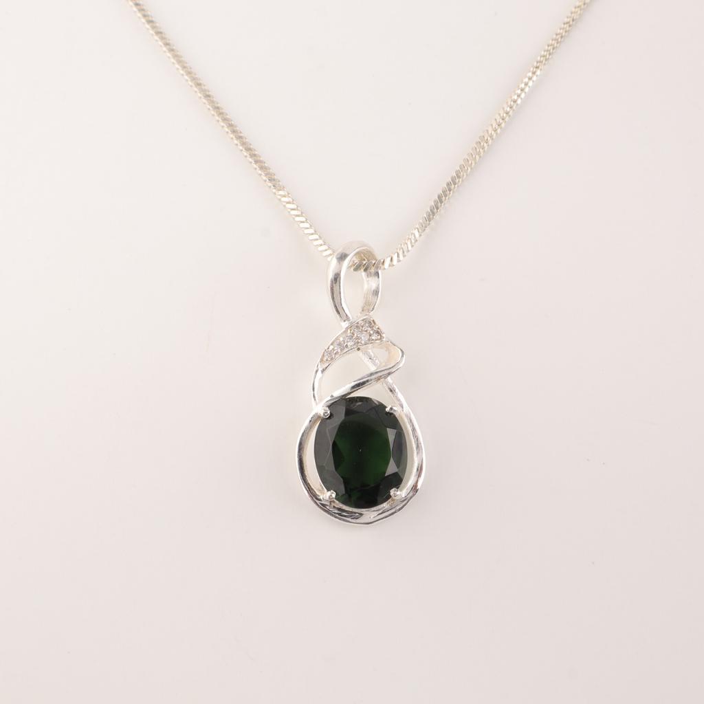 Green Tourmaline Gemstone 925 Sterling Silver Jewelry Zircon Chain Pendant1.22" CZP-13-4