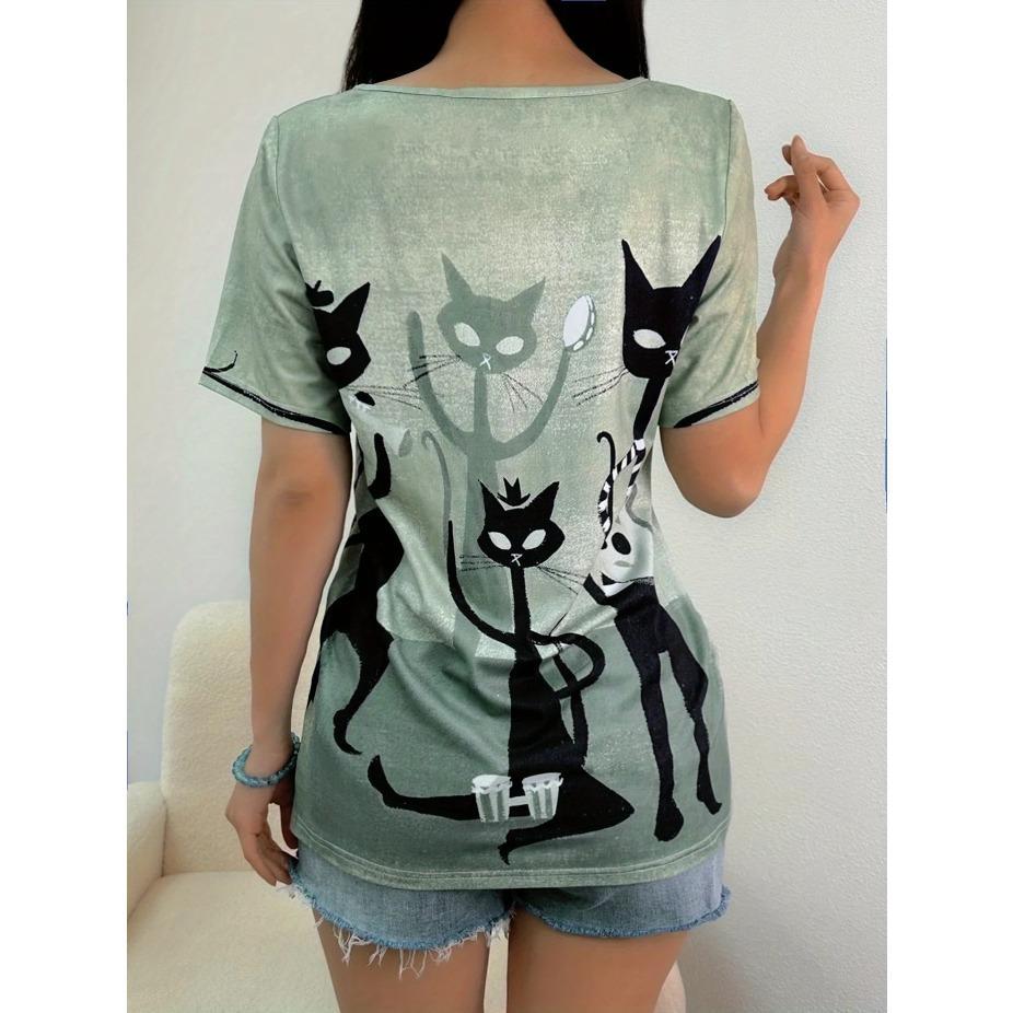 Katzen-Print Kurzarm-T-Shirt, Casual-Oberteil für Frühling & Sommer, Damenbekleidung