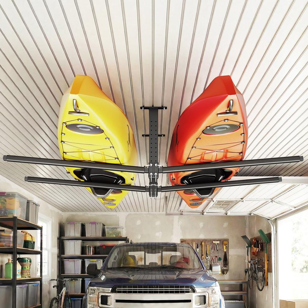 Kayak Storage Rack for 2 Kayaks, Holds Up to 113.4 kg, Heavy Duty Adjustable Ceiling Rack for Garage Ceiling Mount, Overhead Garage Storage Hanger for