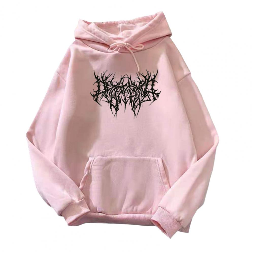Fall Winter Unisex Hoodie Drawstring Elastic Cuff Thorn Print Thick Fleece Patch Pocket Loose Long Sleeves Pullover Warm Top