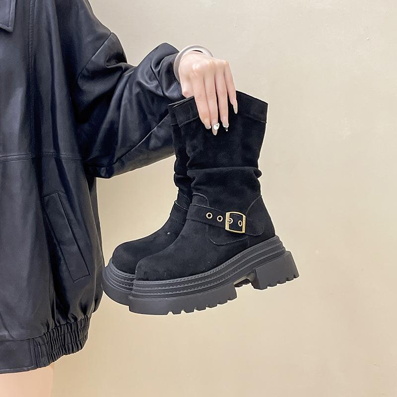Korean version suede short boots autumn and winter retro versatile warm pile boots women's fashion boots thick-soled belt buckle knight boots