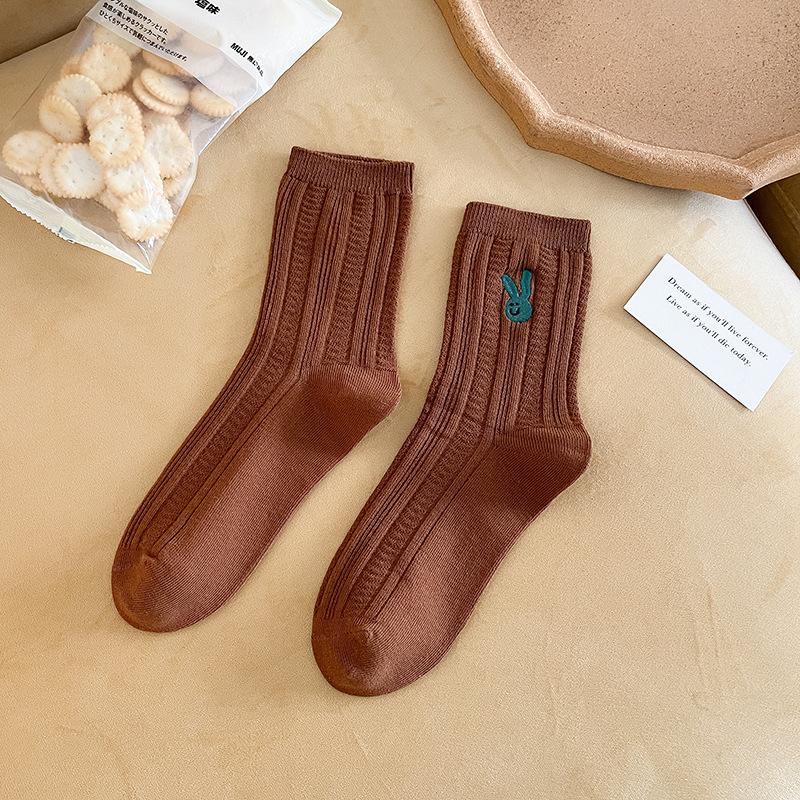 Female Spring and Autumn Solid Color Striped Bunny Embroidery Boneless Drum Pile Pile Socks