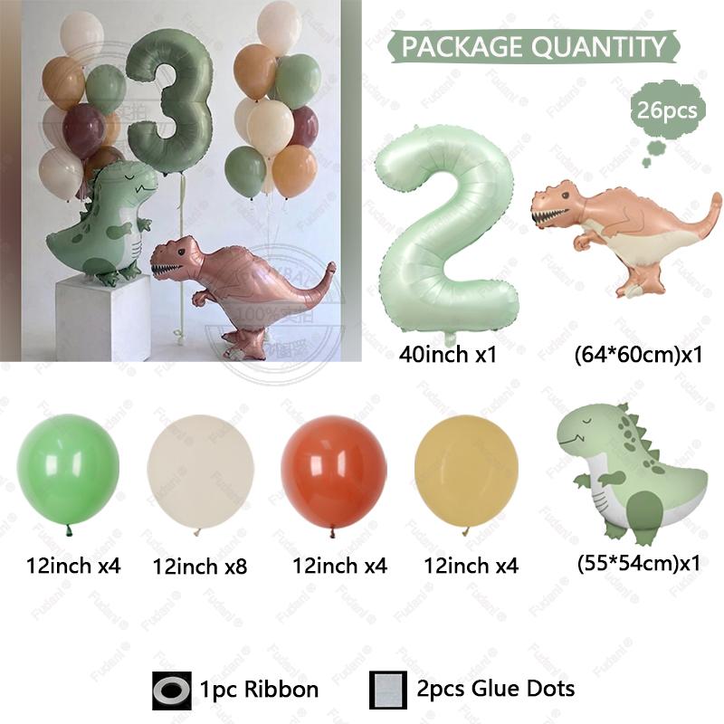 26pcs Tyrannosaurus Rex Cute Dinosaur Balloon Olive Green Number 1-9 Balloon Set Jurassic Theme Birthday Party Decoration