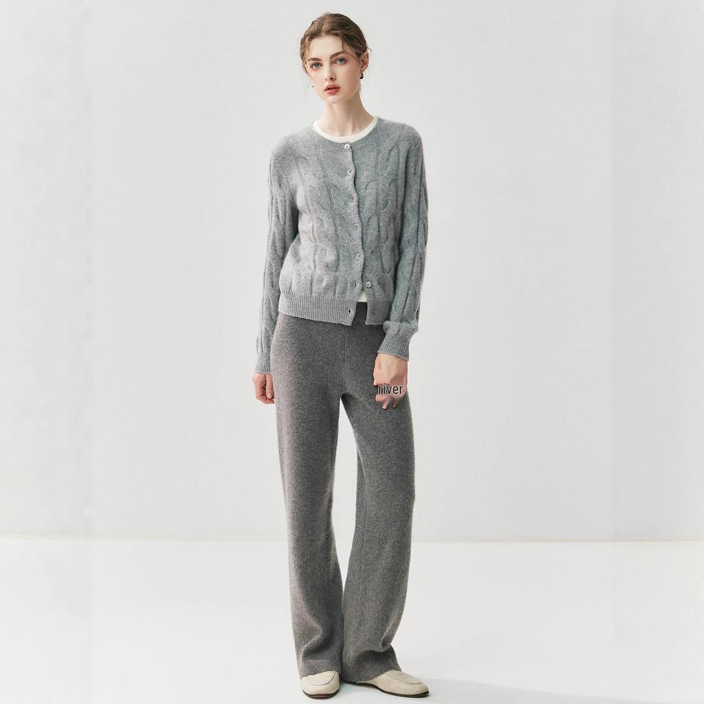 Women's High-Waist Cashmere Knitted Wide-Leg Pants for Autumn and Winter