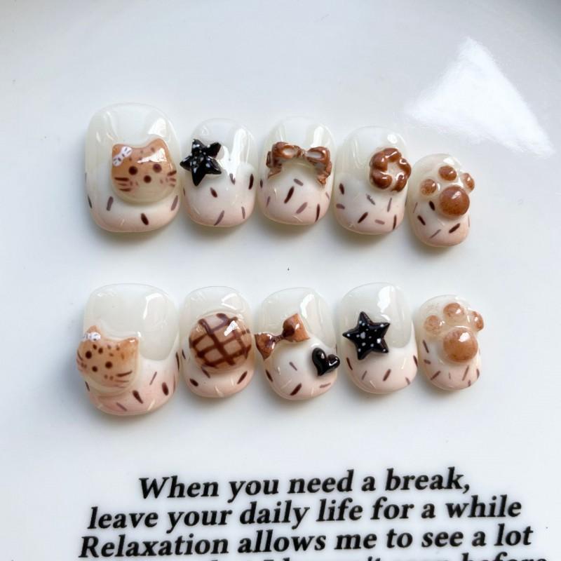 Hand-Painted Press-On Nails Short Square Cat Eye Design Cute Kawaii Style Wearable Nail Tips Women