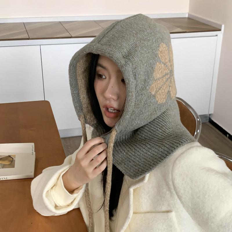 Knitted Warm Wool Hat Women's Winter Flower Drawstring Balaclava Ear Cap