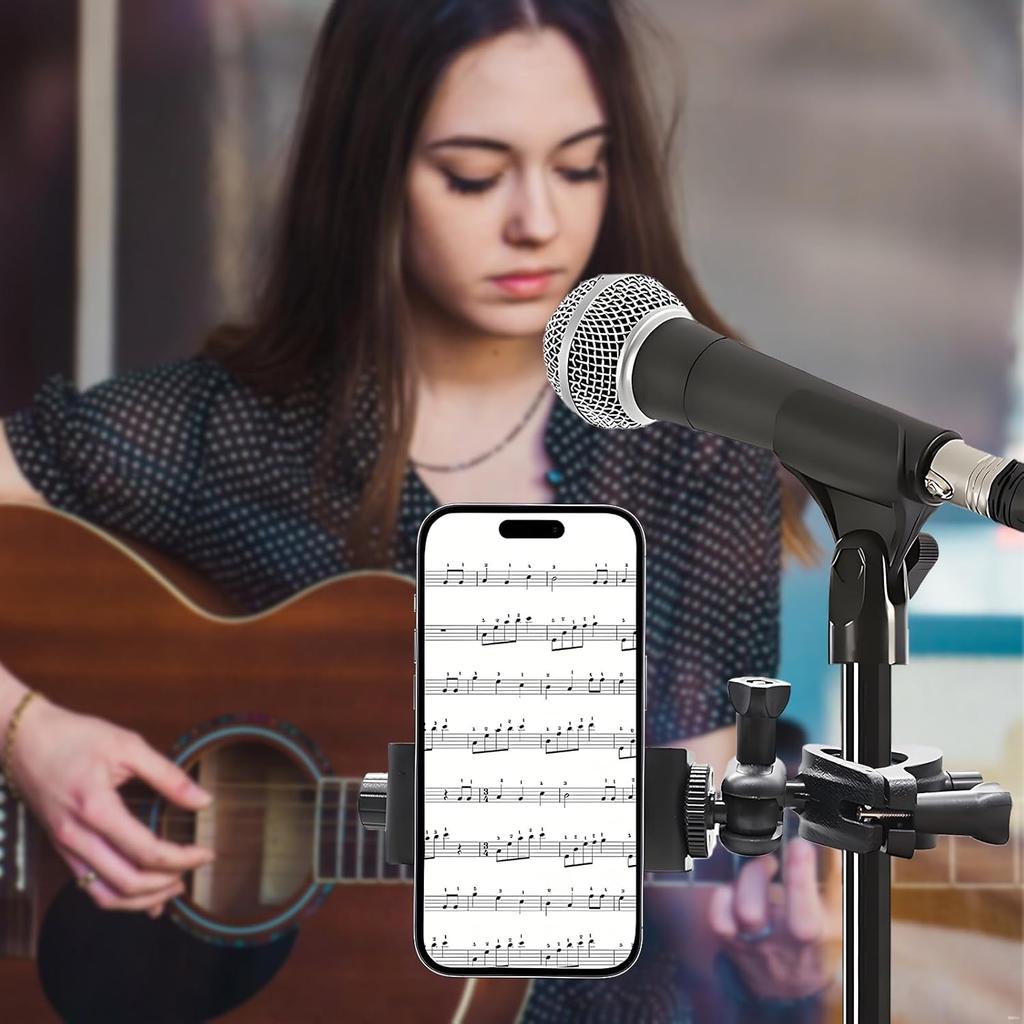 Phone Holder for Mic Stand, 360° Adjustable Smartphone Clip with Secure Lock, Fits for iPhone & Samsung Most Phones, for Music Performance,