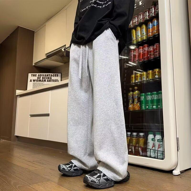 Fleece solid-color sweatpants men's and women's autumn and winter new thin wide-leg loose and versatile casual trousers