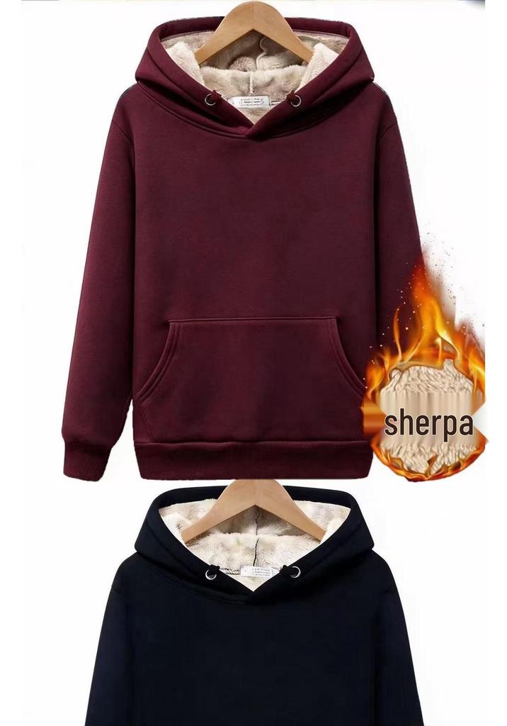 Men's Velvet-Lined Lambswool Hoodie - Loose Fit, Solid Color, Warm Winter Jacket