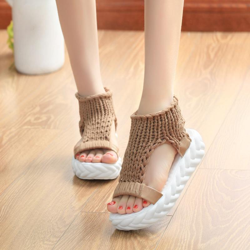 Summer New Round Toe Hand-woven Platform Heightened Non-slip Comfortable Versatile Soft Sole Women's Sandals