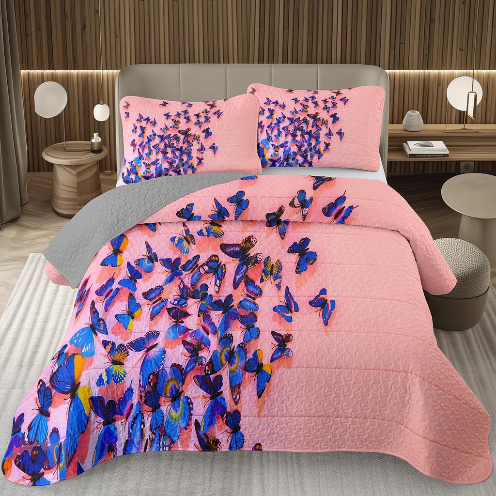 Butterfly Bedspread Twin/Queen/King Watercolor Botanical Floral Coverlet Fantasy Style Bedding Set Reversible Quilted Bedspreads