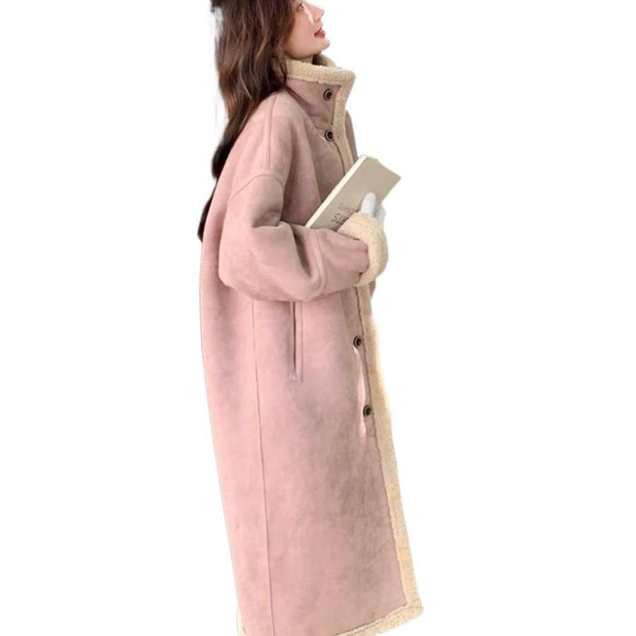 Women's Pink Elegant Long Lambswool Coat - 2025 Korean Style Autumn/Winter Slimming Jacket