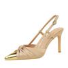 Summer Banquet High Heels Thin Heels Satin Bow Color-Blocked Pointed Toe Women's Shoes With Empty Back Trip Straps Single Shoes