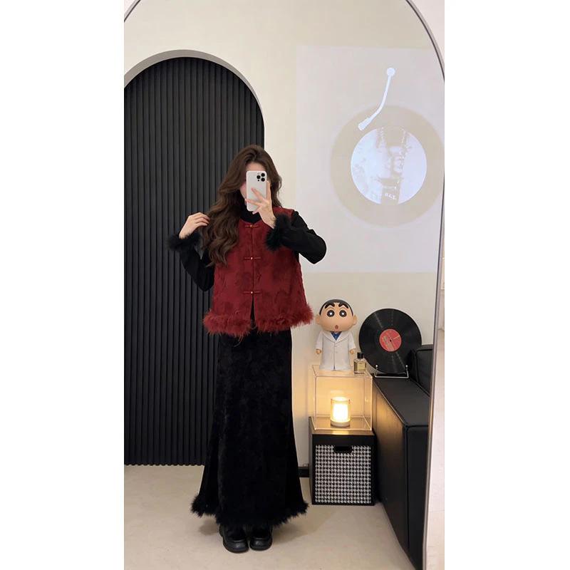 2025 Winter New Chinese Style Jacquard Velvet Skirt - Women s National Style Base Layer Dress S (80-95 Jin)