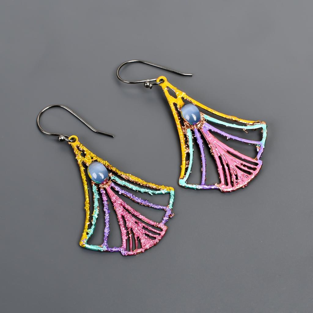 Natural Blue Cats Eye Silver Plated Drop Dangle New Multi Electroformed Earrings V-89