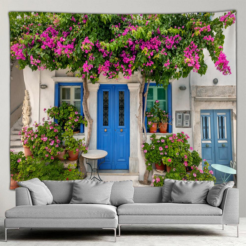 Griechenland Stadt Hippie Wandteppich Frühlingsblumen Straße Wandteppich Haus Hof Terrasse Wandbehang Kunst Wohnzimmer Wandmalerei Wandteppich