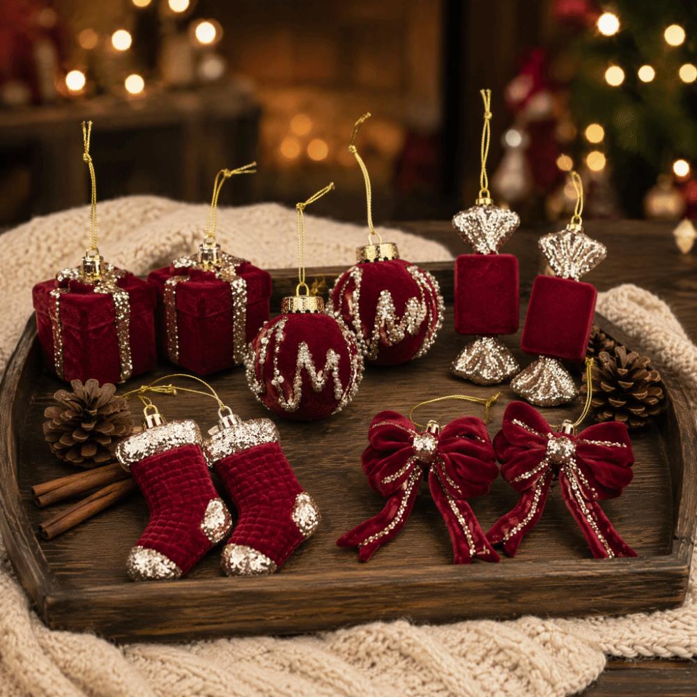 2PCS Flocked Surface Christmas Ornament Wine Red Color Holiday Ornament Xmas Decor  Home Layout