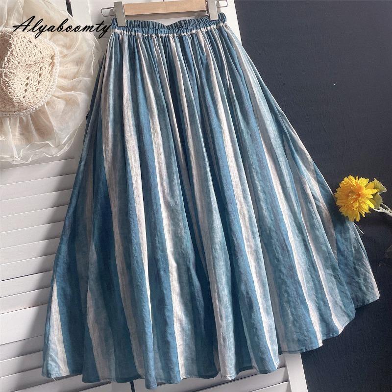 Korean Style Spring Summer Women Vintage Skirt High Waist Contrast Color Striped Retro Skirt Cotton Linen Soft Comfortable Skirt One Size