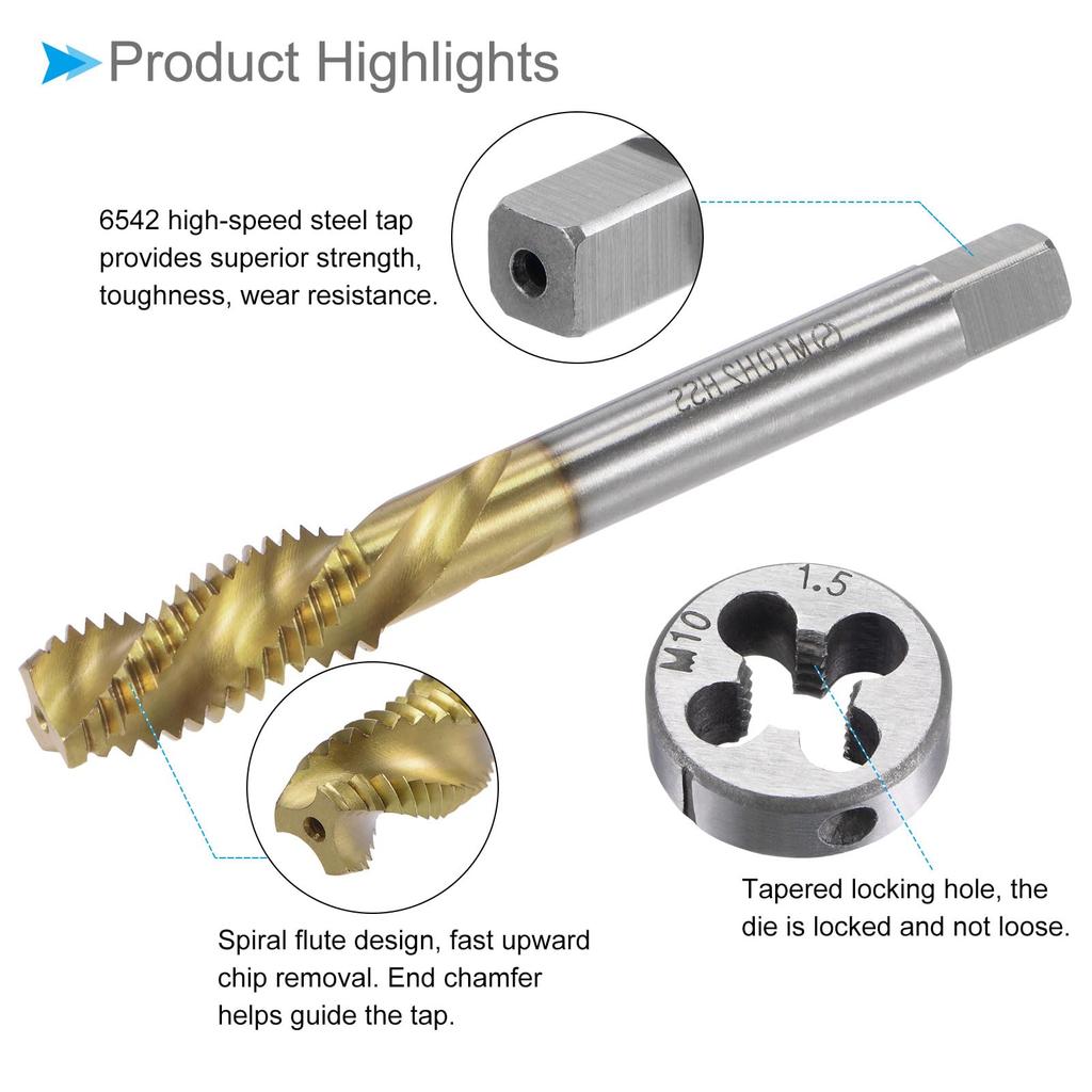CoCud Metric Tap and Die Set, M10 X 1.5 Thread, Titanium Coated, Spiral Flute Thread Tap, Round Die Tool Kit for Threading, Tapping, and Repair, 1 Set