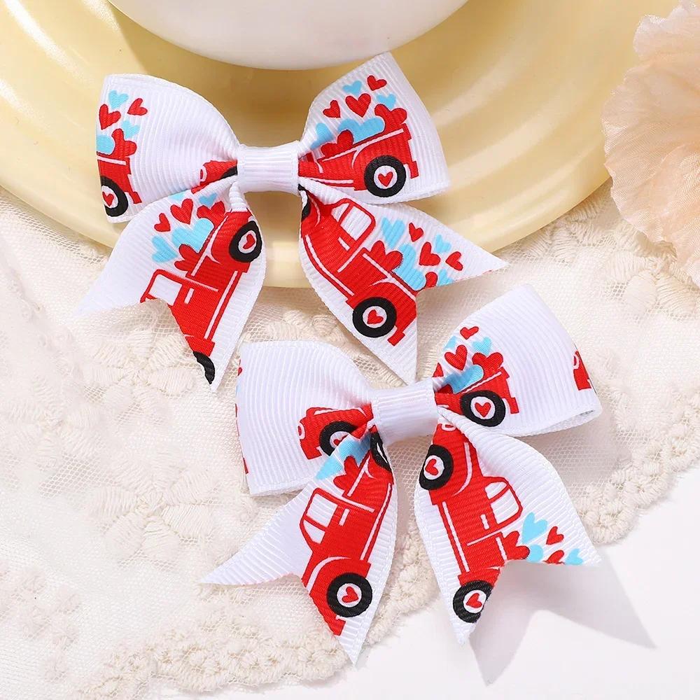 2Pcs/set 2.36''  Valentine's Day Printed Bow Hairclips for Girls Children Ribbon Hair Bows Clip Cheer Up Hair Accessories Gifts