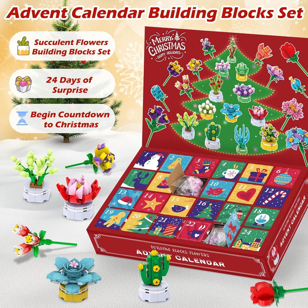 Advent Calendar 2025 24 Kinds of Building Block Flowers and Succulents for Kids, 24 Days of Christmas Countdown Building Blocks