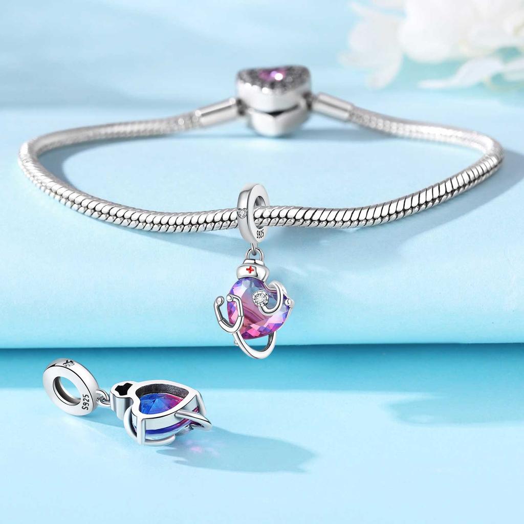 Copper Stethoscope Gradient Heart Pendants Bracelet Charms Fit Women Jewelry Party Beads Diy Fine Gift Accessories