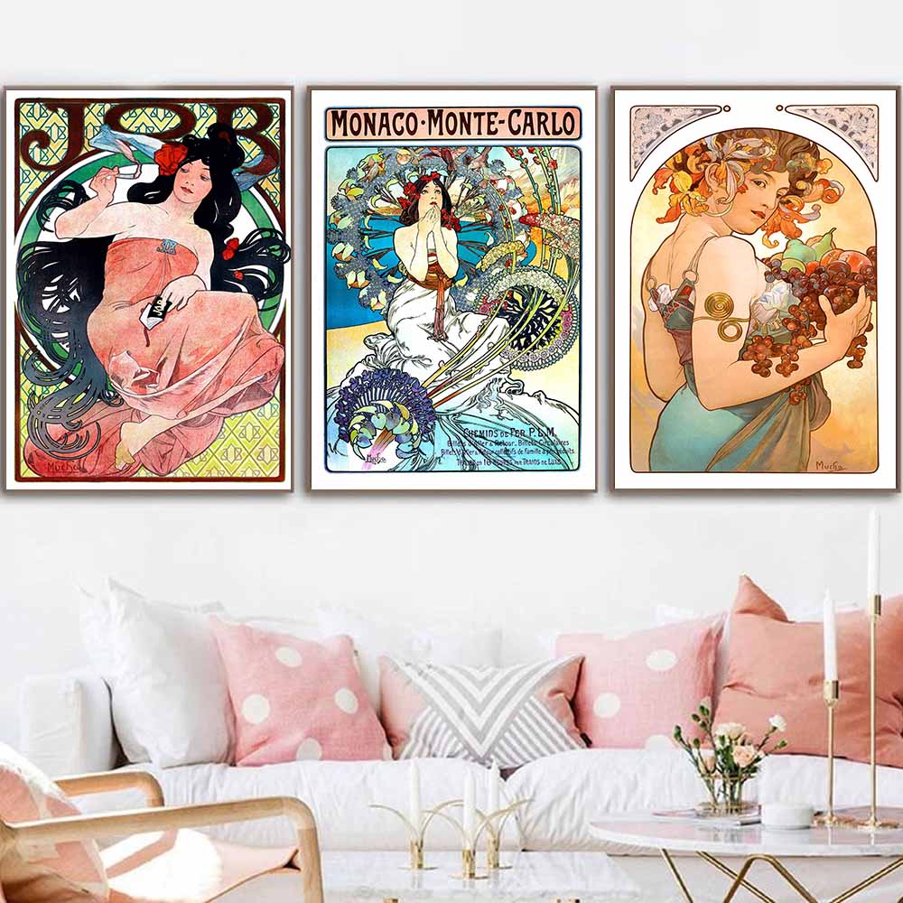 Retro Woman Alphonse Mucha Canvas Painting Nordic Art Poster Abstract Printmaking Museum Exhibition Mural Living Room Home Decor