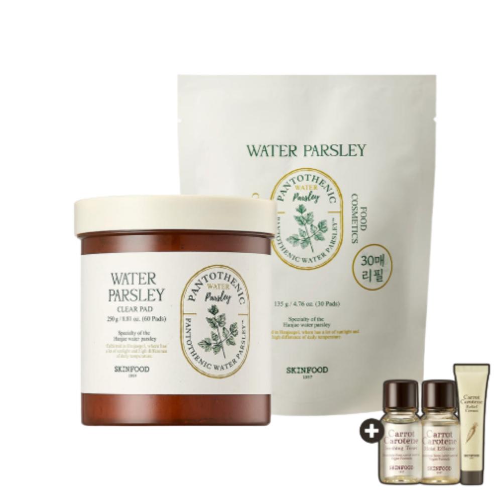 Skinfood Pantothenic Water Parsley Clear Soothing Pads 60pcs + 30pcs (250g)[Includes Carrot Pad Set + Mini Toner / Mini Effector / Mini Cream]