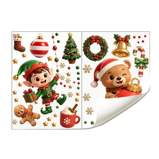 Holiday Atmosphere Window Films 2PCS Christmas Static Sticker, Cute Cartoon Elves And Bears Reusable Seasonal Art Print, PVC Glass Stickers